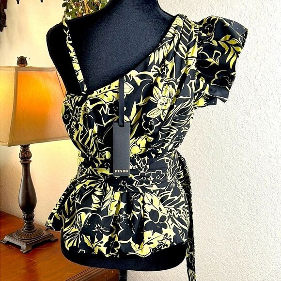 NWT PINKO | Mike 1 Popeline One Shoulder Italian Top | Nero/Lime | Size 6 - Picture 4 of 13